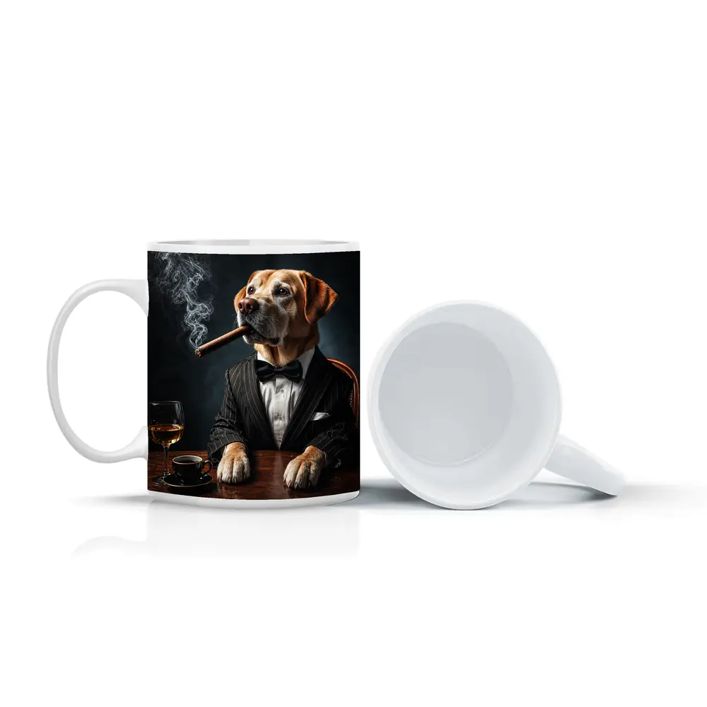 Labrador Retriever Tuxedo Godfather Dark Background – Mugs