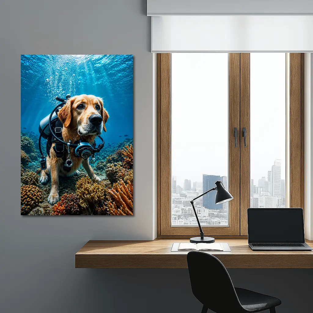 Golden Retriever Scuba Diver Underwater Coral Reef – Wall Art