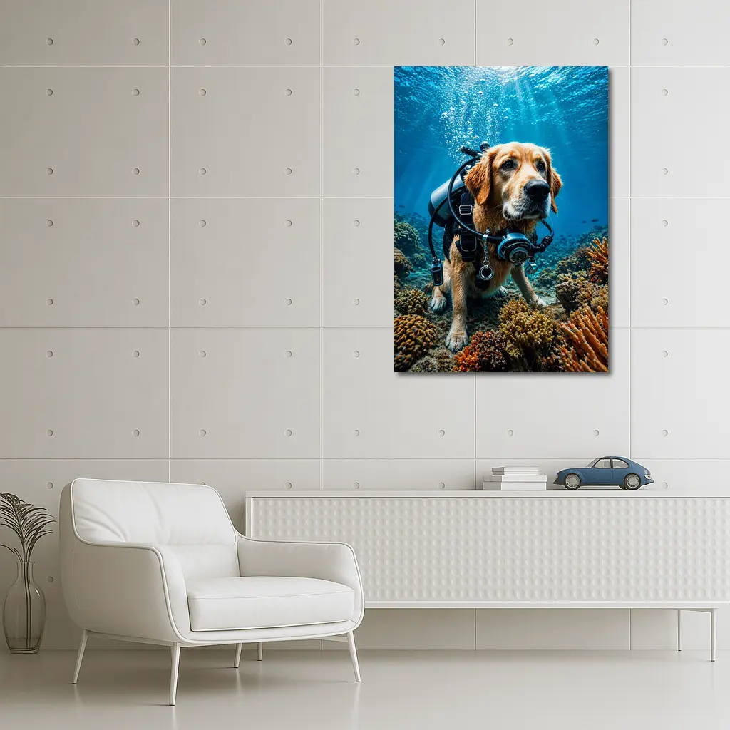 Golden Retriever Scuba Diver Underwater Coral Reef – Wall Art