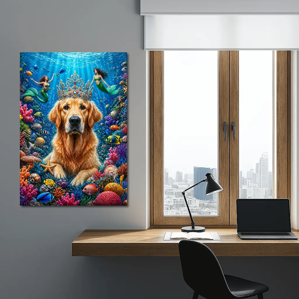 Golden Retriever King Underwater Mermaids Coral Reef – Wall Art