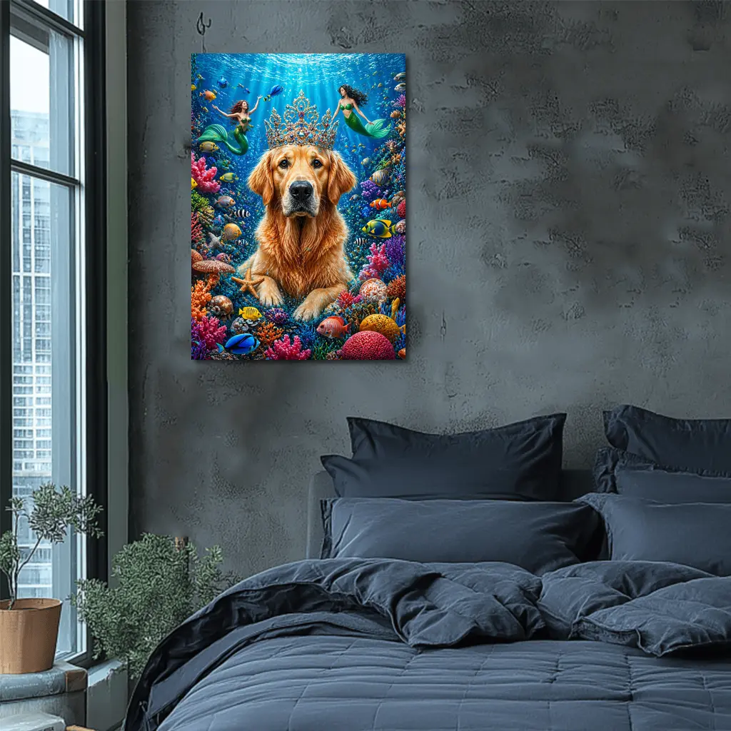 Golden Retriever King Underwater Mermaids Coral Reef – Wall Art