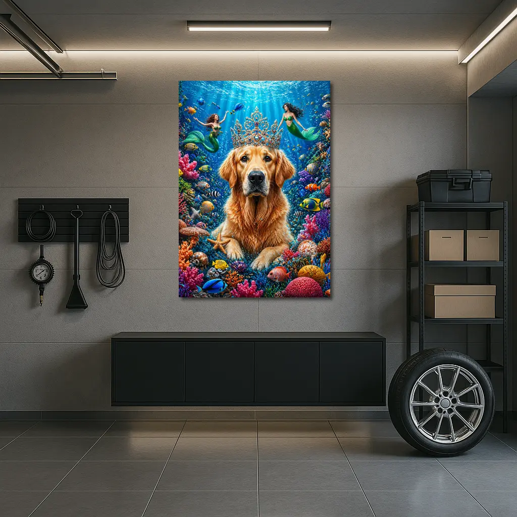 Golden Retriever King Underwater Mermaids Coral Reef – Wall Art