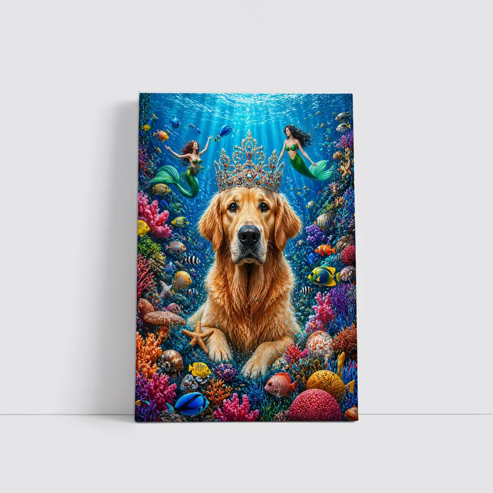 Golden Retriever King Underwater Mermaids Coral Reef – Wall Art