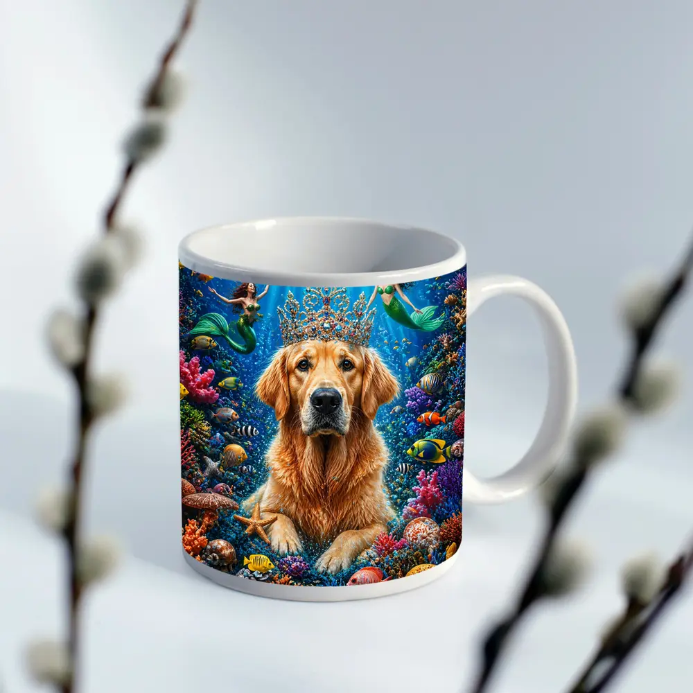 Golden Retriever King Underwater Mermaids Coral Reef – Mugs