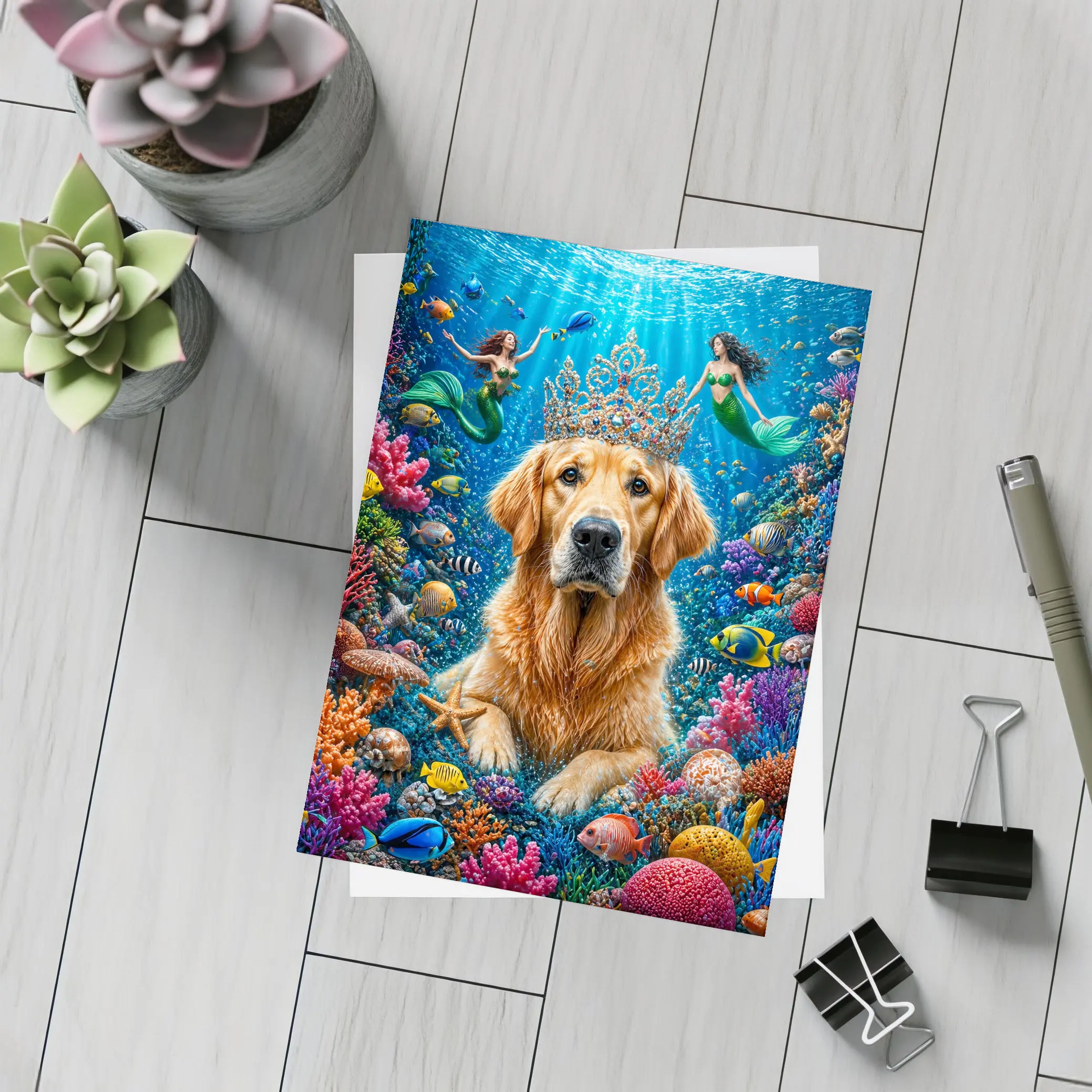 Golden Retriever King Underwater Mermaids Coral Reef – Postcards