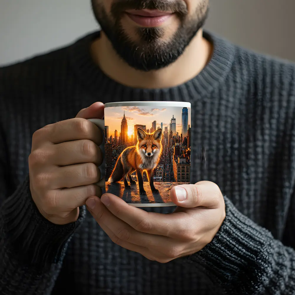 Red Fox Standing Over New York City Skyline – Mugs