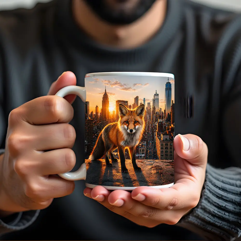 Red Fox Standing Over New York City Skyline – Mugs