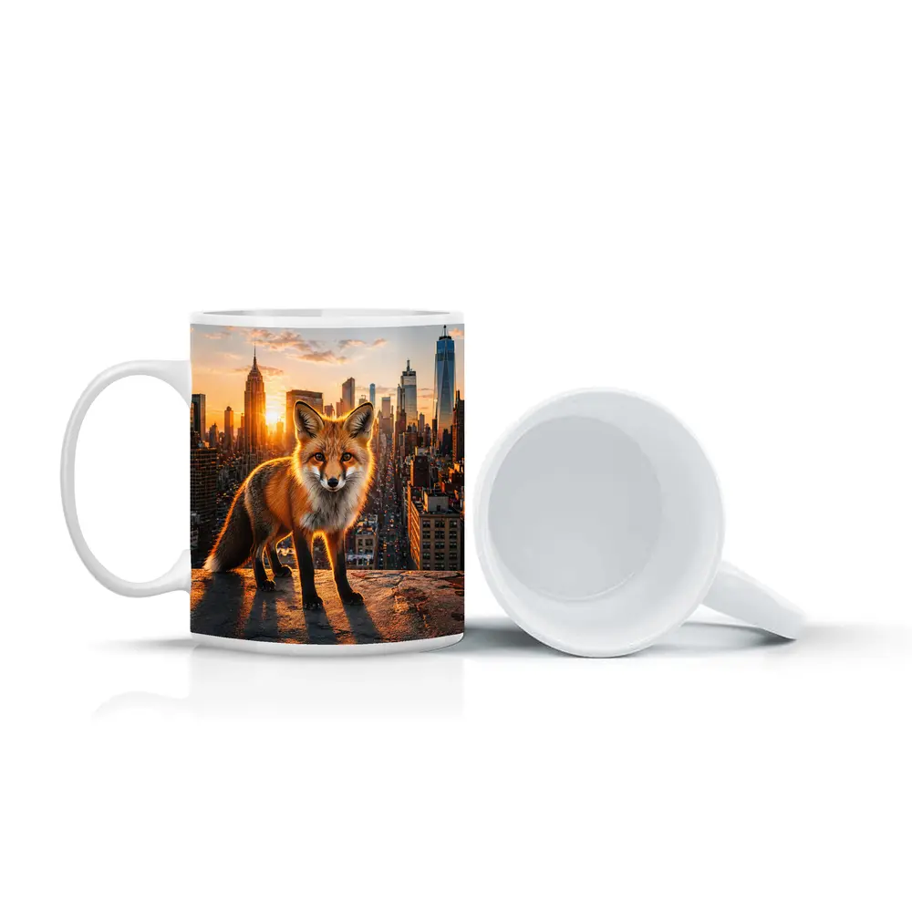 Red Fox Standing Over New York City Skyline – Mugs