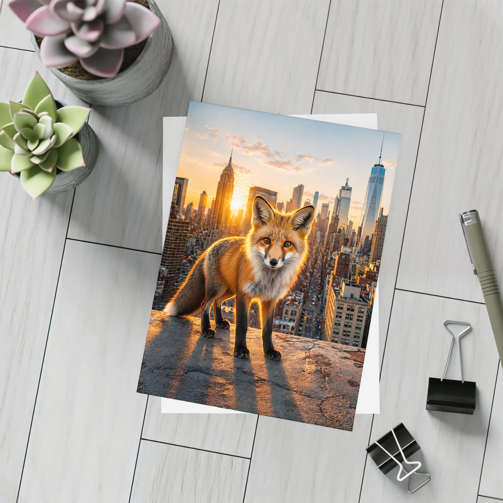 Red Fox Standing Over New York City Skyline – Postcards