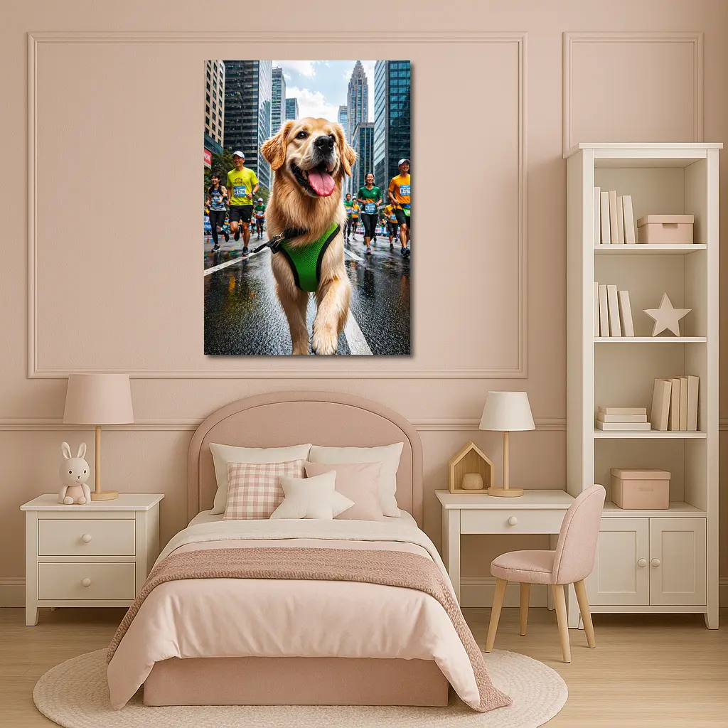 Golden Retriever Running City Marathon Race – Wall Art