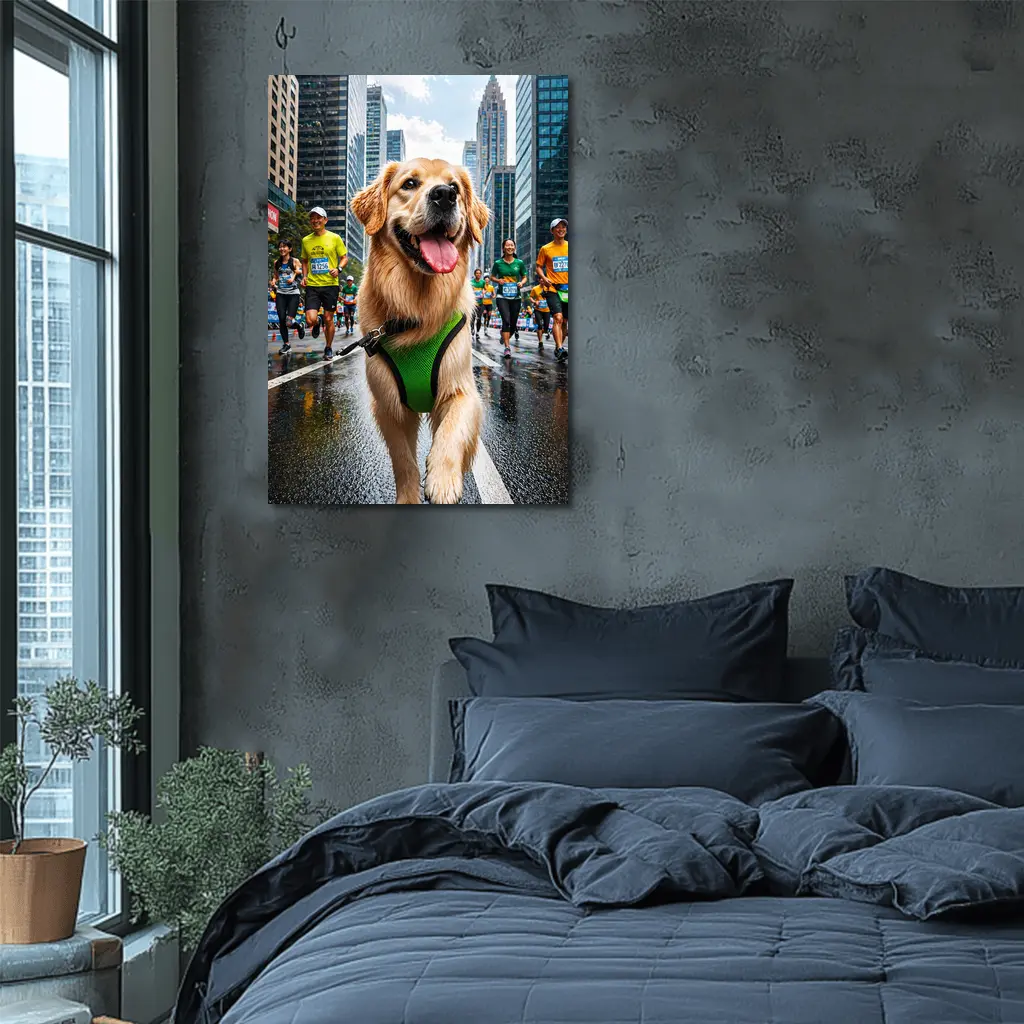 Golden Retriever Running City Marathon Race – Wall Art
