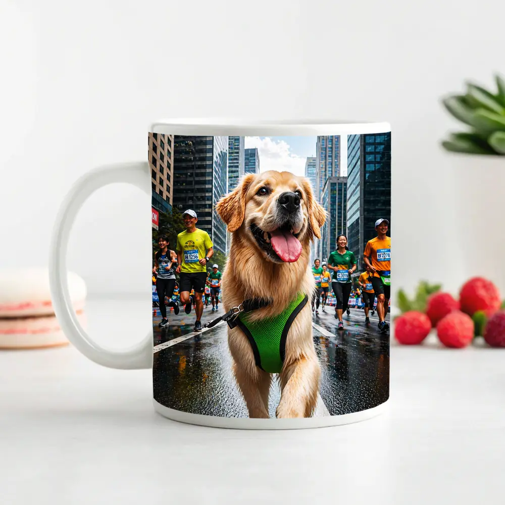 Golden Retriever Running City Marathon Race – Mugs