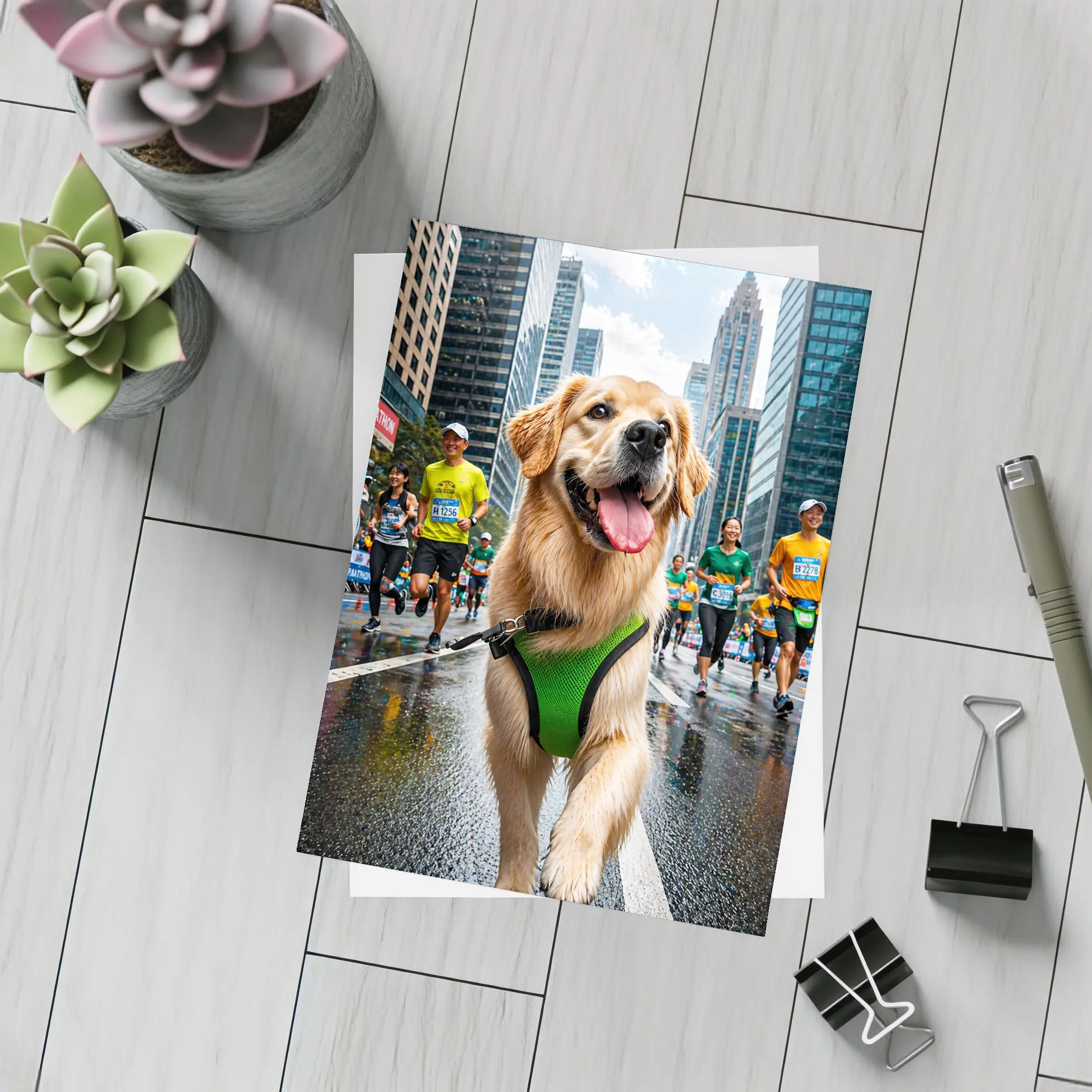 Golden Retriever Running City Marathon Race – Postcards