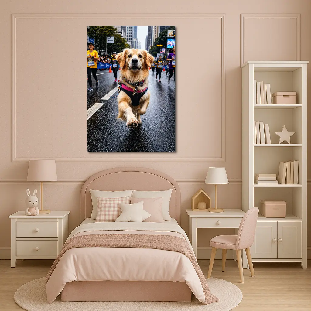Golden Retriever Running City Marathon Street – Wall Art
