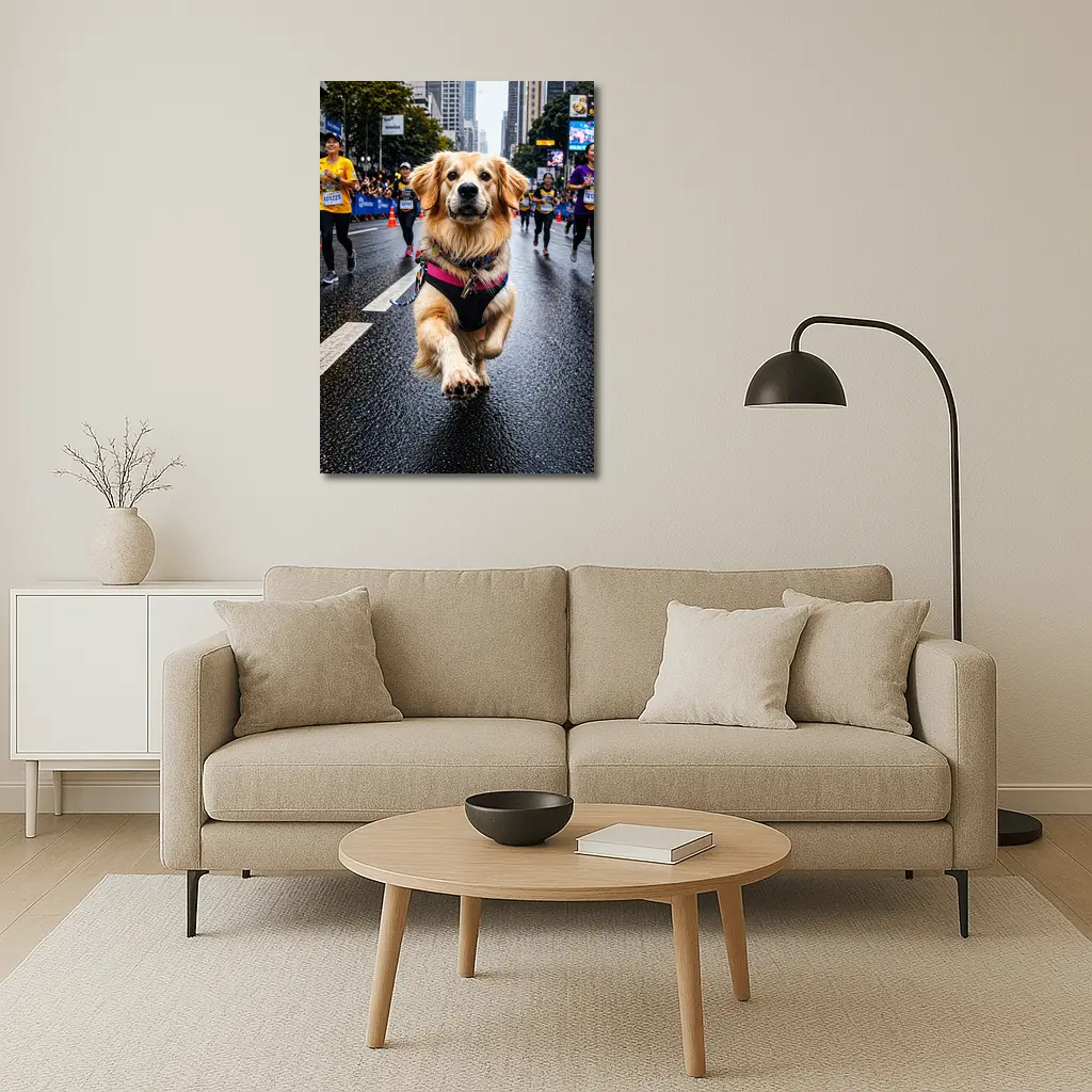 Golden Retriever Running City Marathon Street – Wall Art