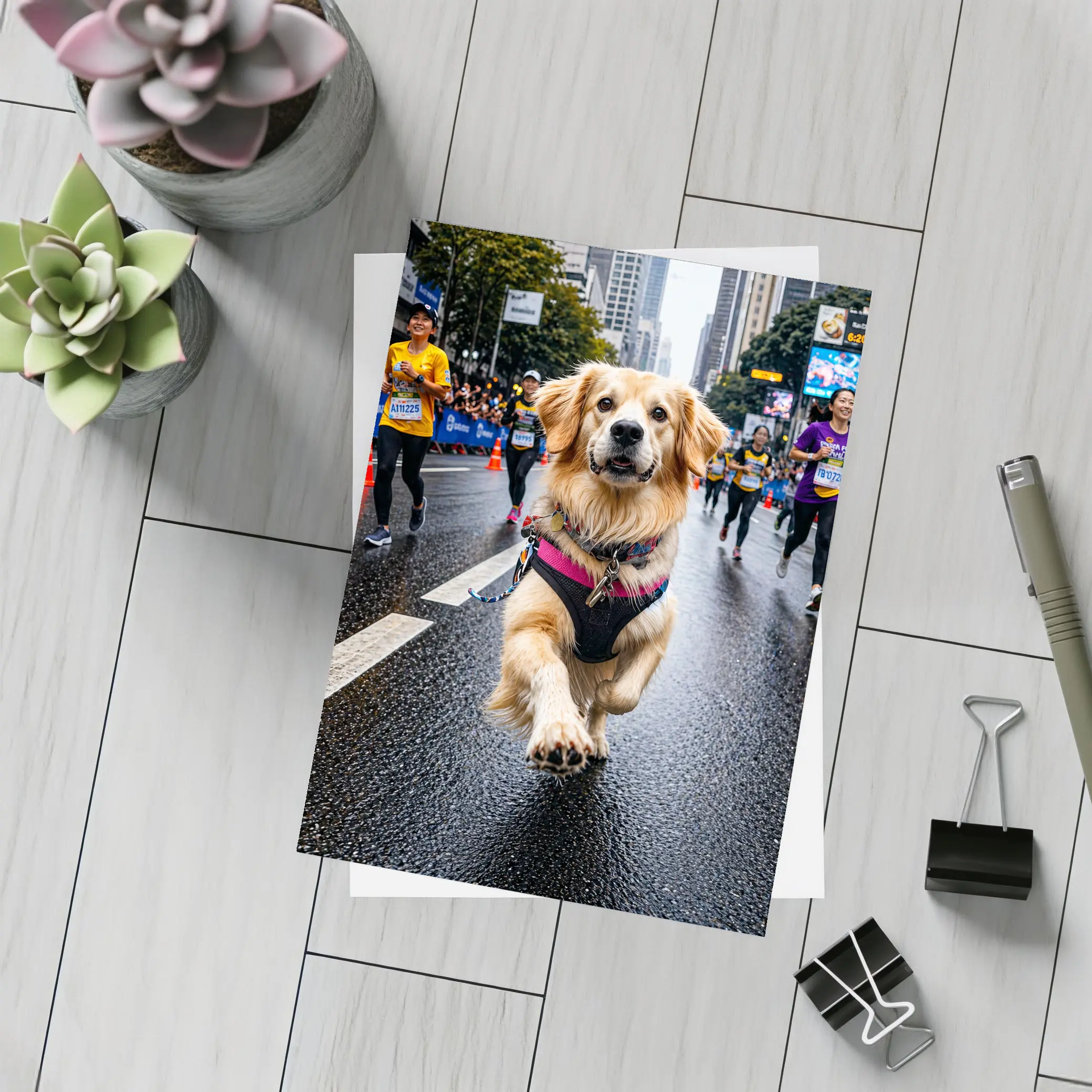 Golden Retriever Running City Marathon Street – Postcards