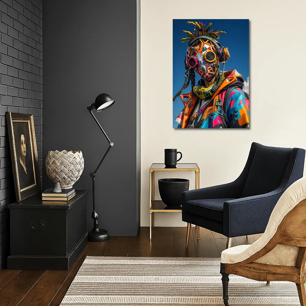Graffiti Cyberpunk Masked Figure Blue Sky – Wall Art