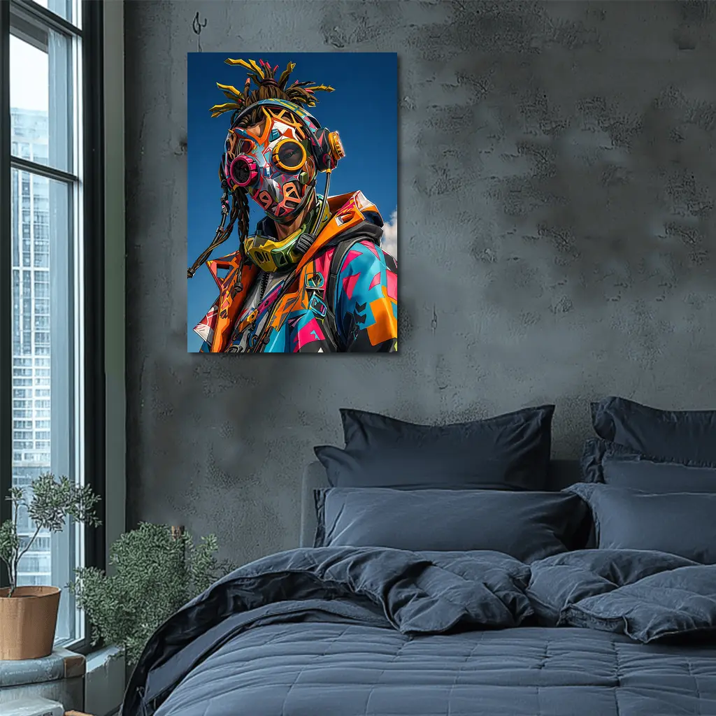 Graffiti Cyberpunk Masked Figure Blue Sky – Wall Art