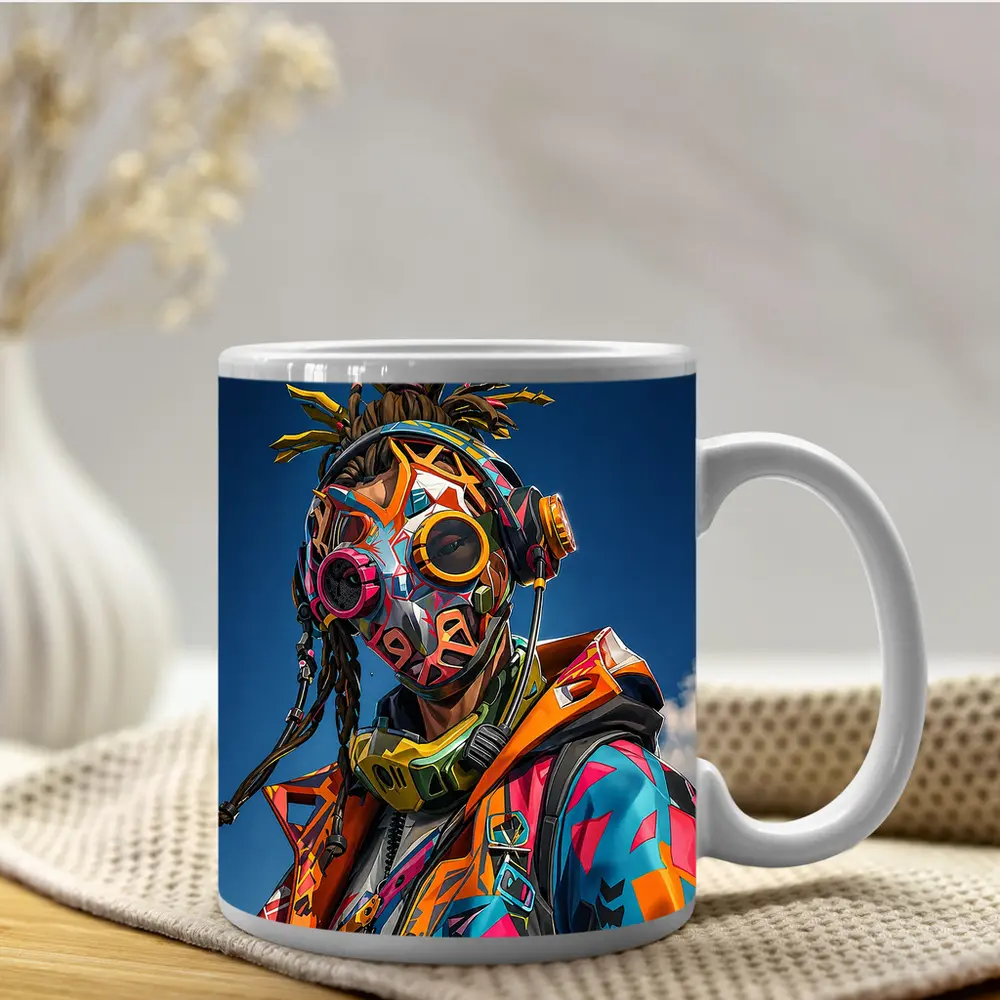 Graffiti Cyberpunk Masked Figure Blue Sky – Mugs