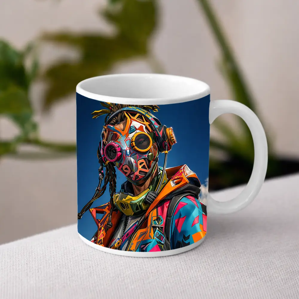 Graffiti Cyberpunk Masked Figure Blue Sky – Mugs