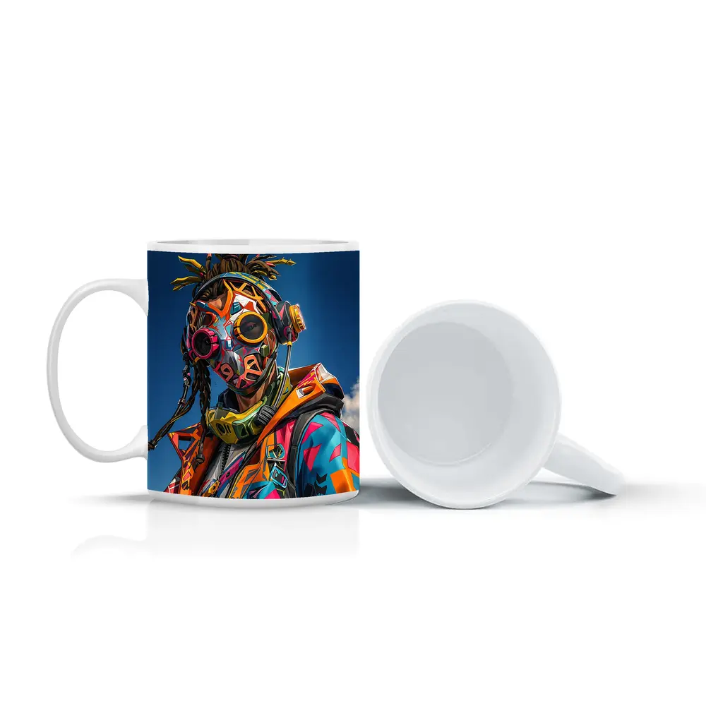Graffiti Cyberpunk Masked Figure Blue Sky – Mugs