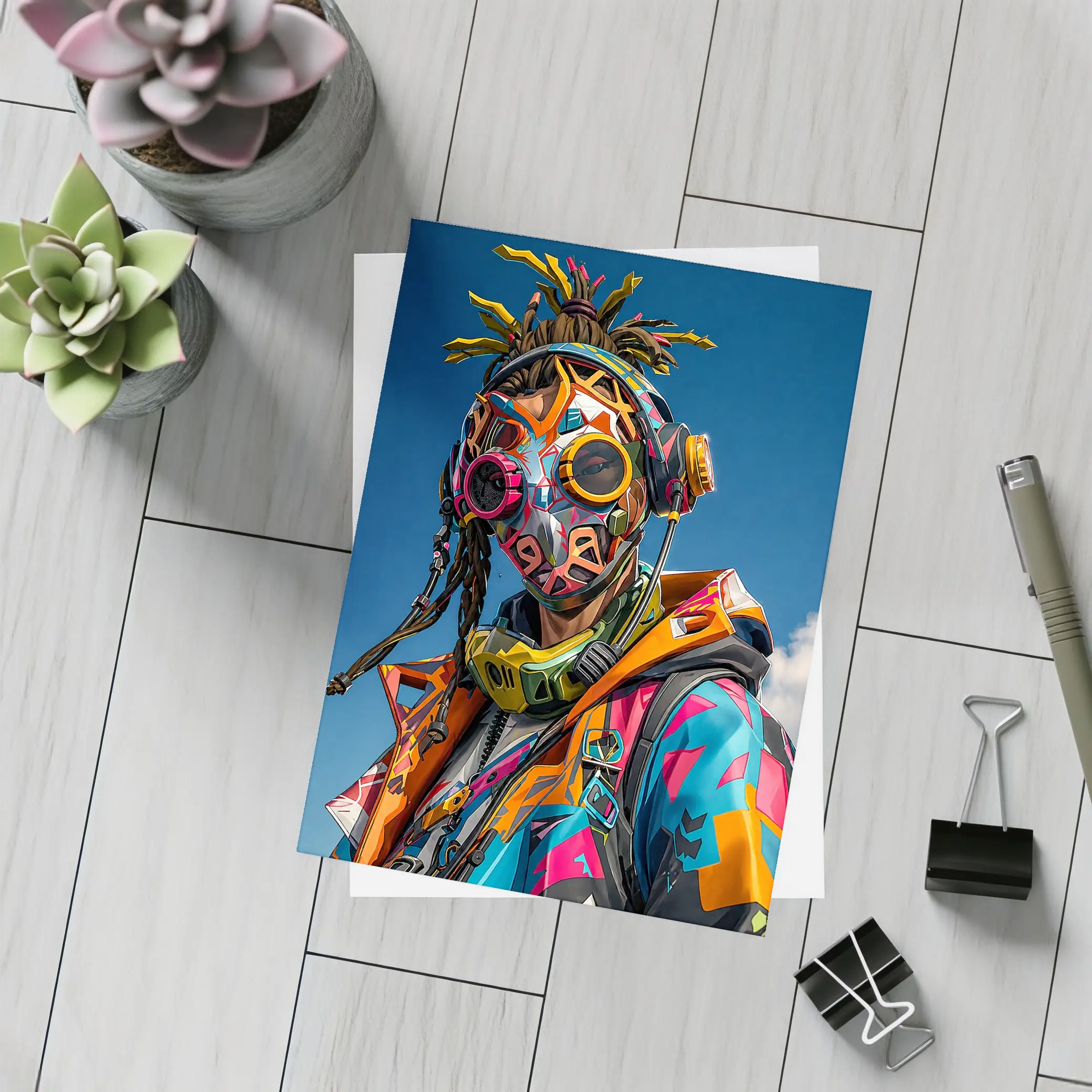 Graffiti Cyberpunk Masked Figure Blue Sky – Postcards