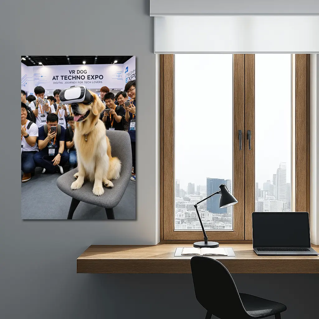 Golden Retriever Wearing VR Headset Tech Expo – Wall Art