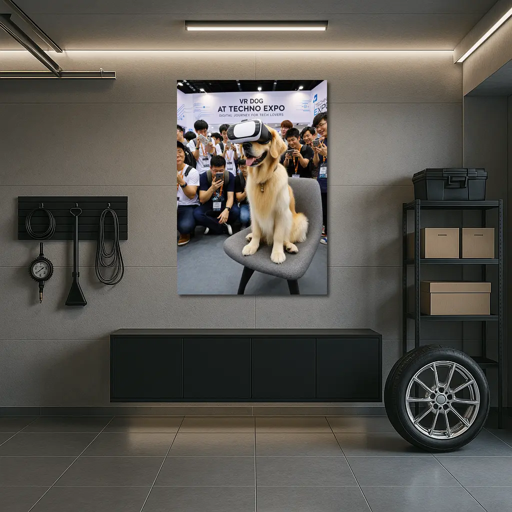 Golden Retriever Wearing VR Headset Tech Expo – Wall Art