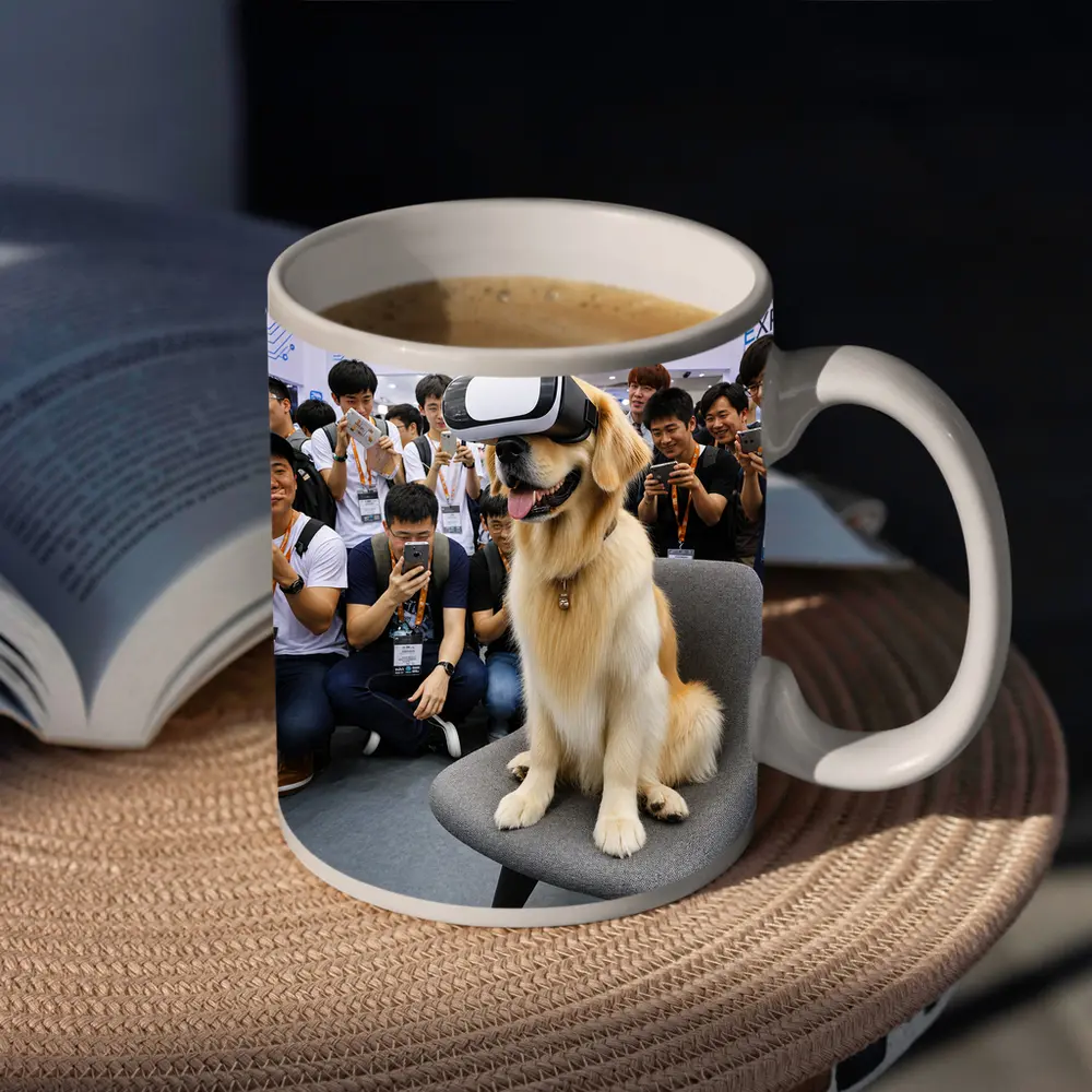 Golden Retriever Wearing VR Headset Tech Expo – Mugs
