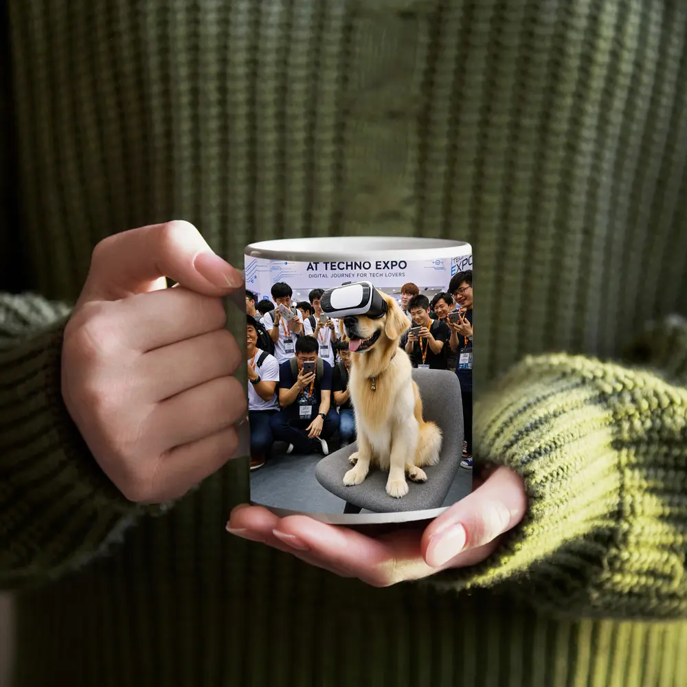 Golden Retriever Wearing VR Headset Tech Expo – Mugs