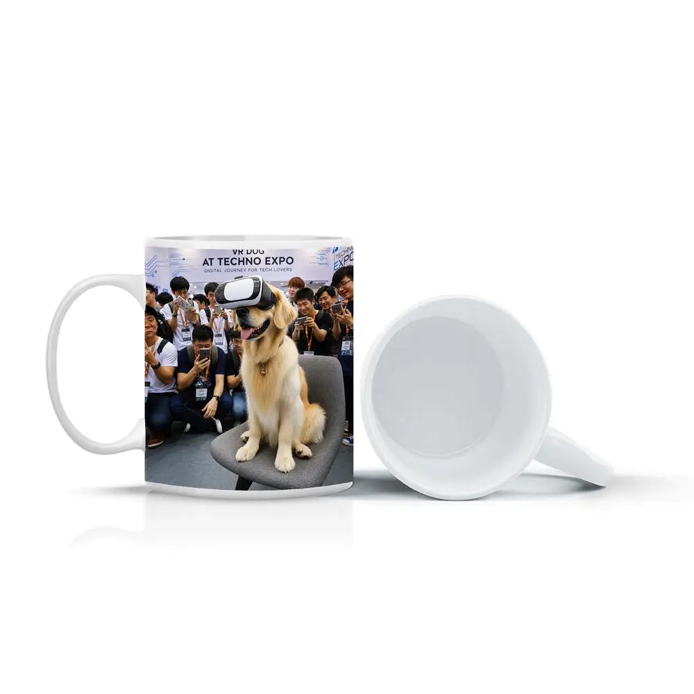 Golden Retriever Wearing VR Headset Tech Expo – Mugs