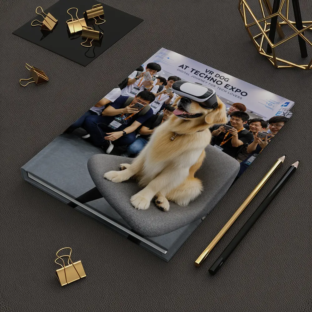 Golden Retriever Wearing VR Headset Tech Expo – Notebooks