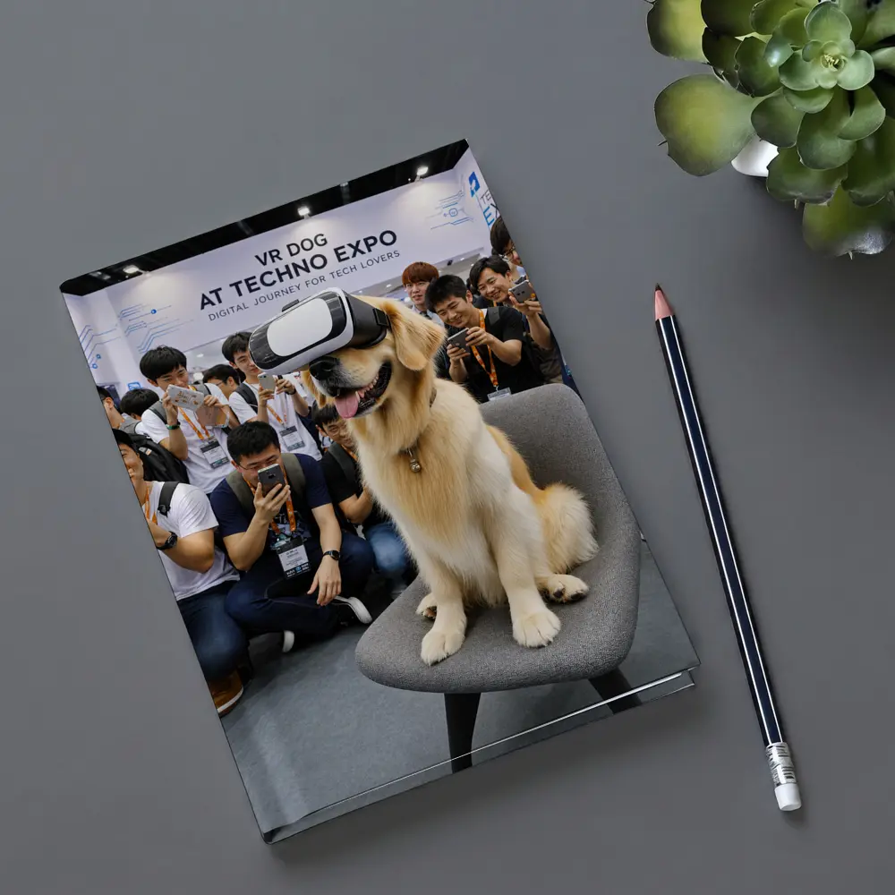 Golden Retriever Wearing VR Headset Tech Expo – Notebooks
