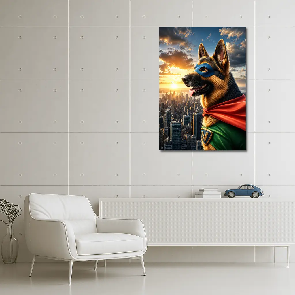 German Shepherd Superhero Over City Skyline – Wall Art