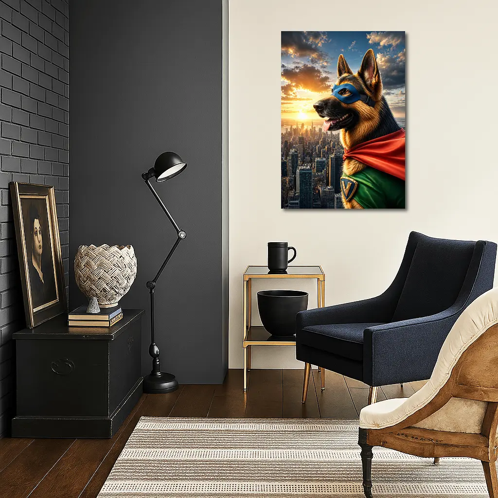 German Shepherd Superhero Over City Skyline – Wall Art