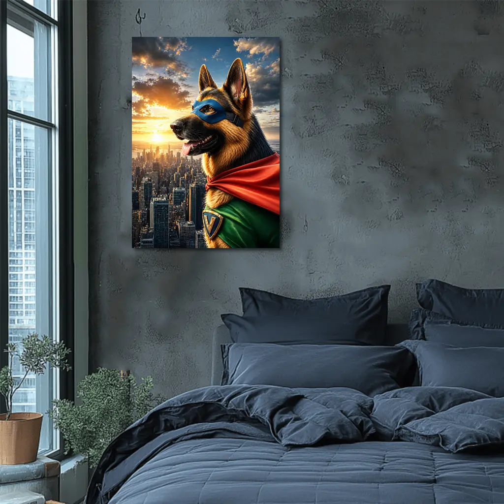 German Shepherd Superhero Over City Skyline – Wall Art