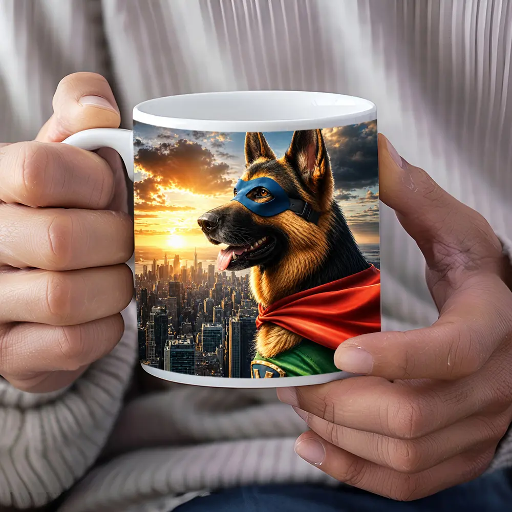 German Shepherd Superhero Over City Skyline – Mugs