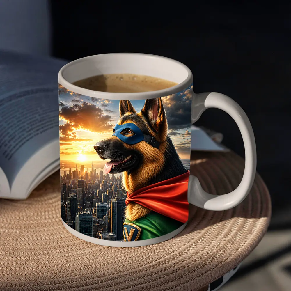 German Shepherd Superhero Over City Skyline – Mugs