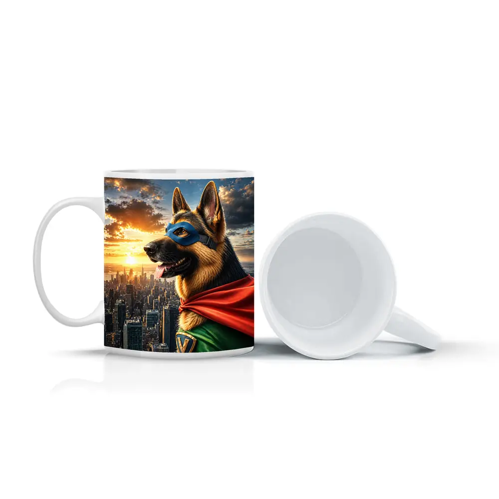 German Shepherd Superhero Over City Skyline – Mugs