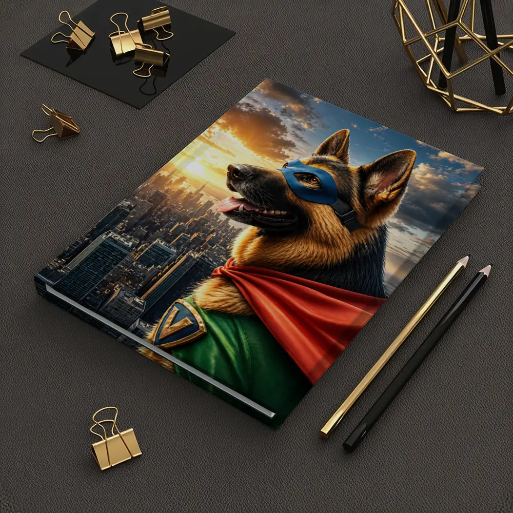 German Shepherd Superhero Over City Skyline – Notebooks