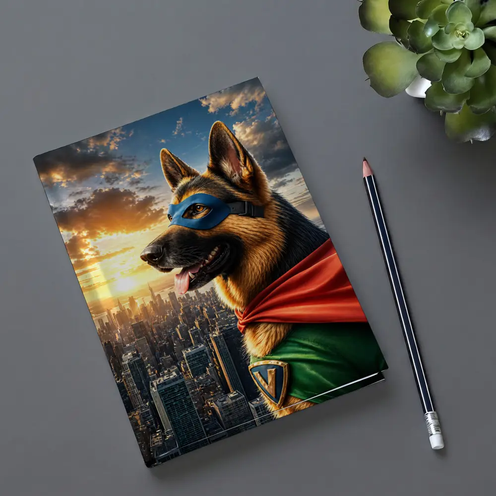 German Shepherd Superhero Over City Skyline – Notebooks