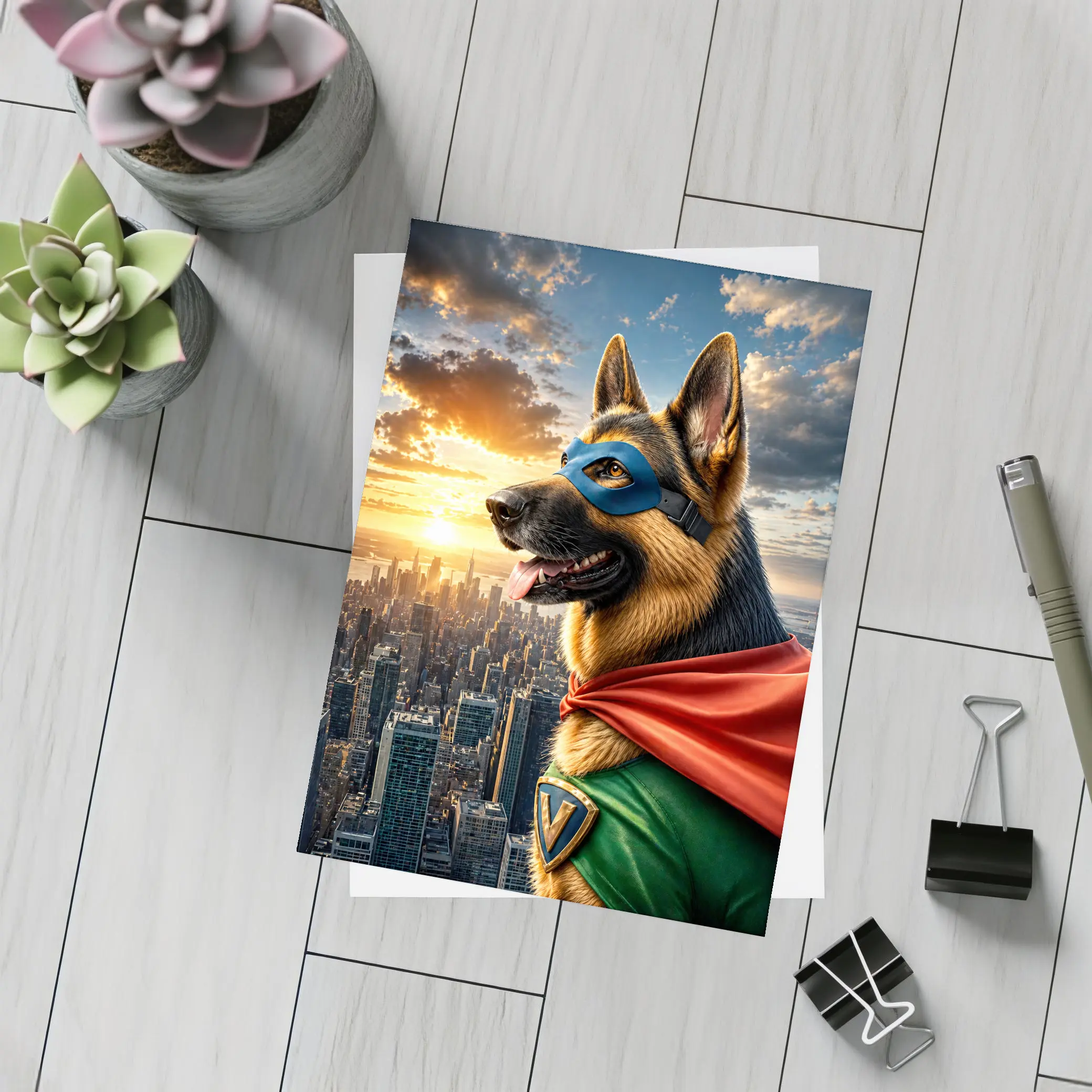 German Shepherd Superhero Over City Skyline – Postcards