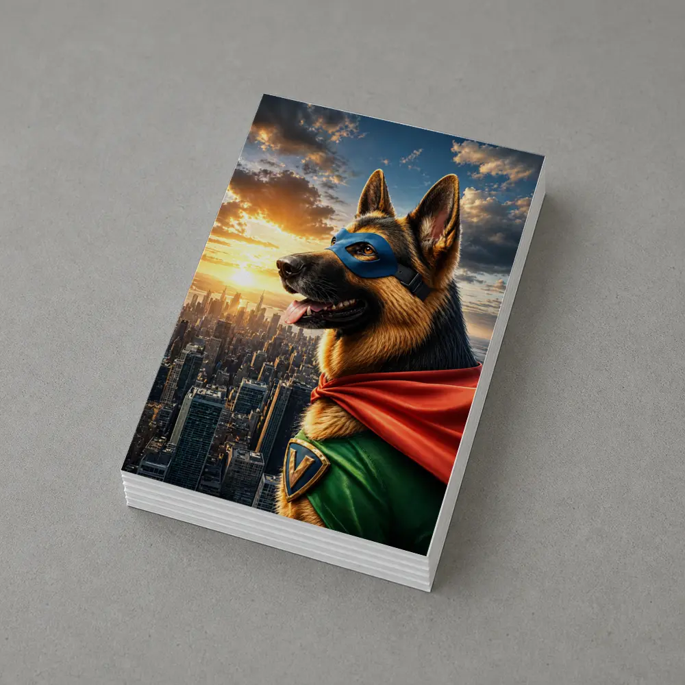 German Shepherd Superhero Over City Skyline – Postcards