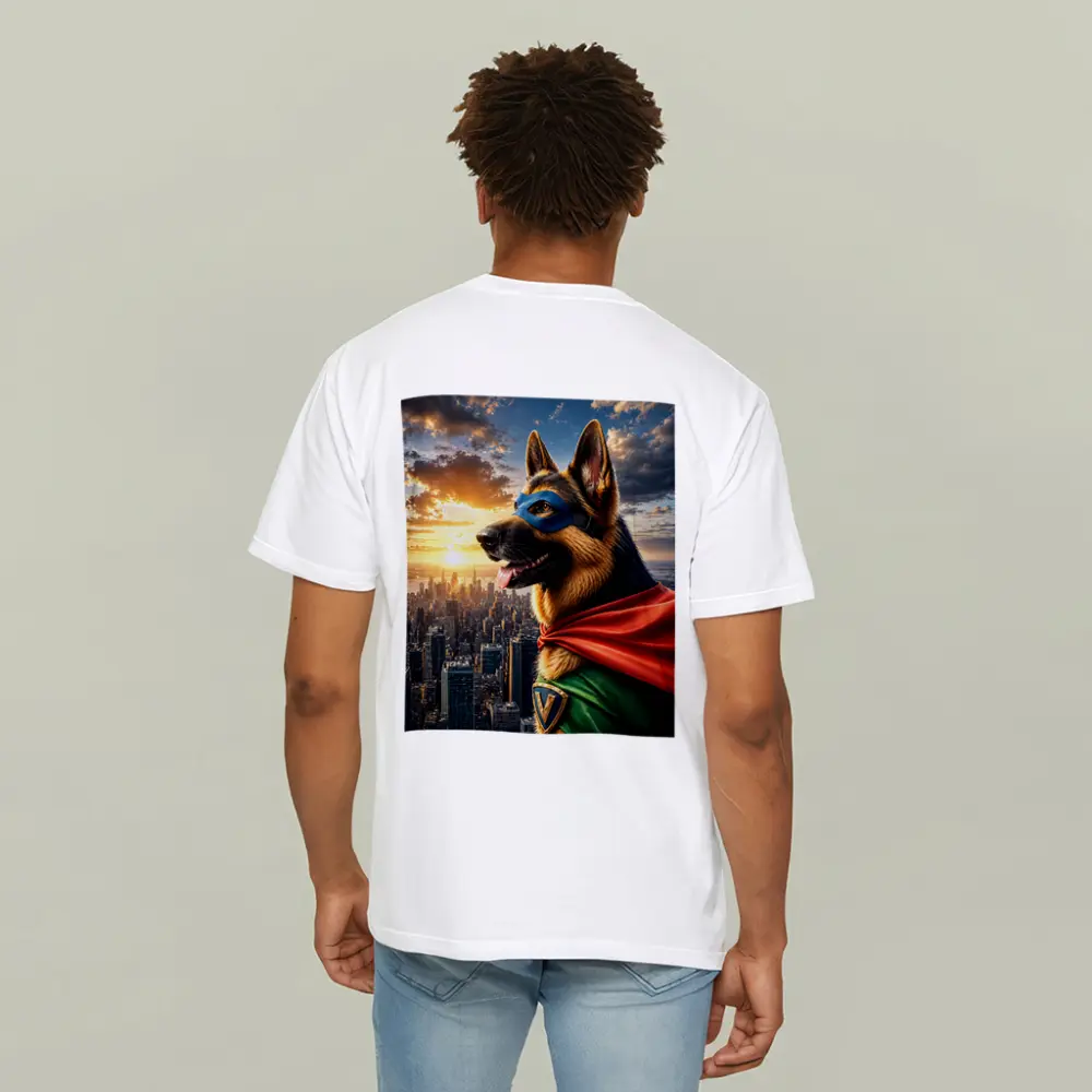 German Shepherd Superhero Over City Skyline – T-Shirts