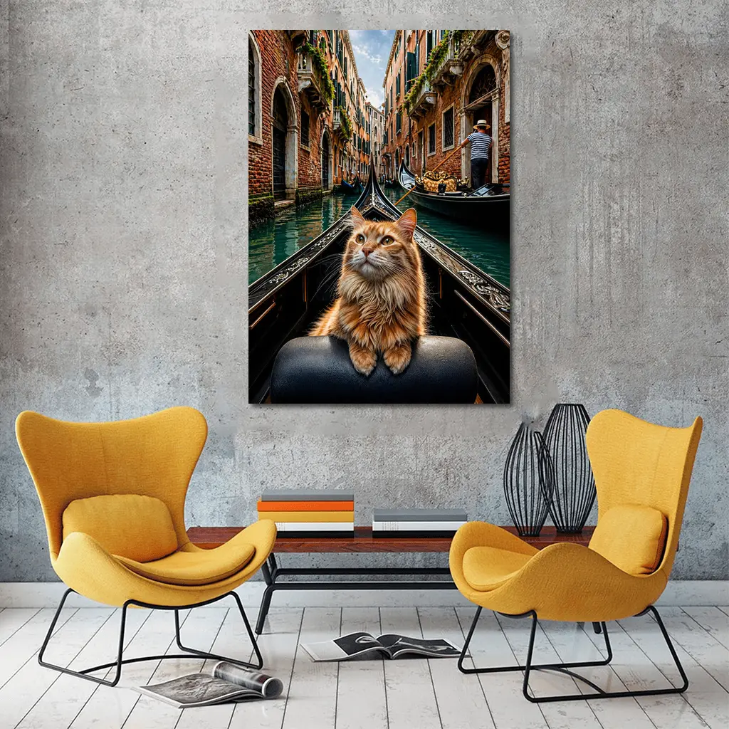 Ginger Cat Riding Gondola Venice Canal – Wall Art