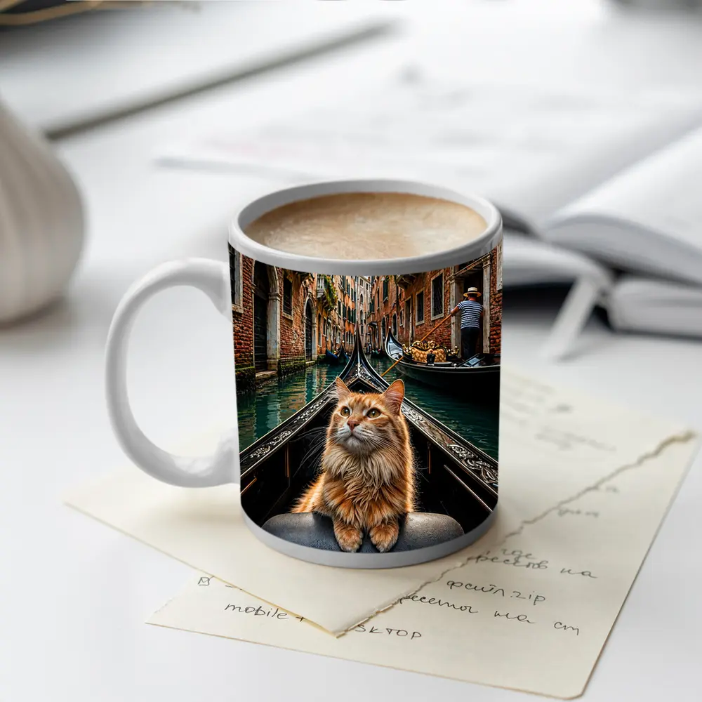 Ginger Cat Riding Gondola Venice Canal – Mugs