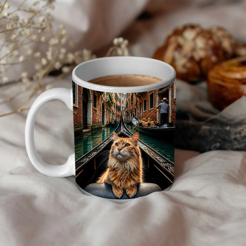 Ginger Cat Riding Gondola Venice Canal – Mugs