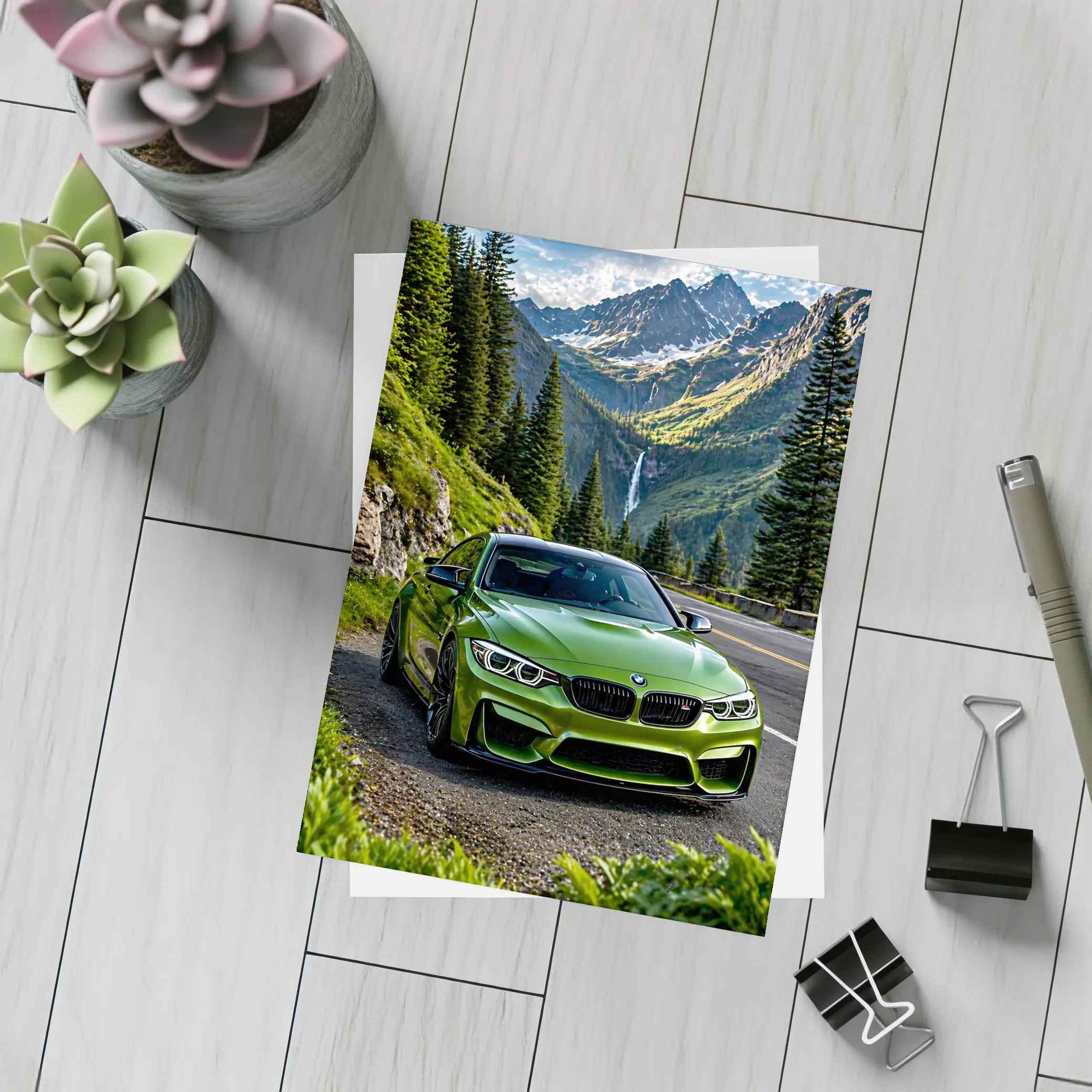 Green BMW M4 Mountain Road Waterfall – Postcards
