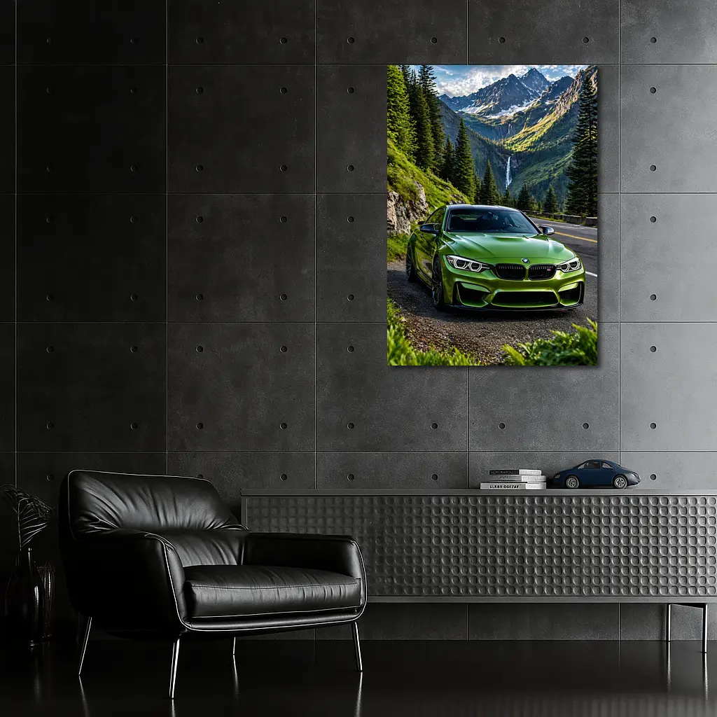 Green BMW M4 Mountain Road Waterfall