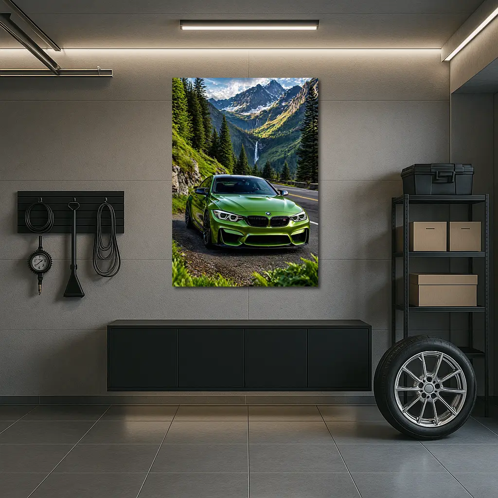 Green BMW M4 Mountain Road Waterfall – Wall Art